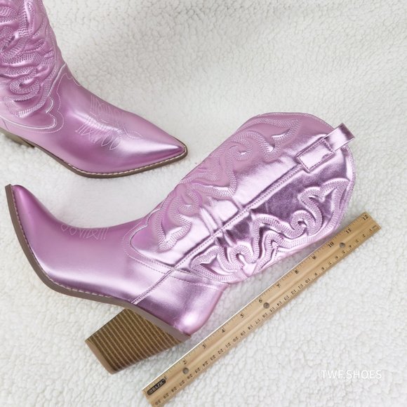 Electric Mid Calf Cowboy Baby Pink Brush Metallic Matte Western Cowgirl Boots - Picture 12 of 13